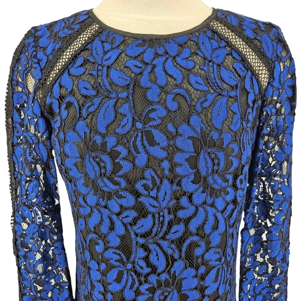 Eliza J Fit Flare Dress Blue Black Lace Sheer 3/4 Sleeve Zip Back Lined 8 - Picture 2 of 8